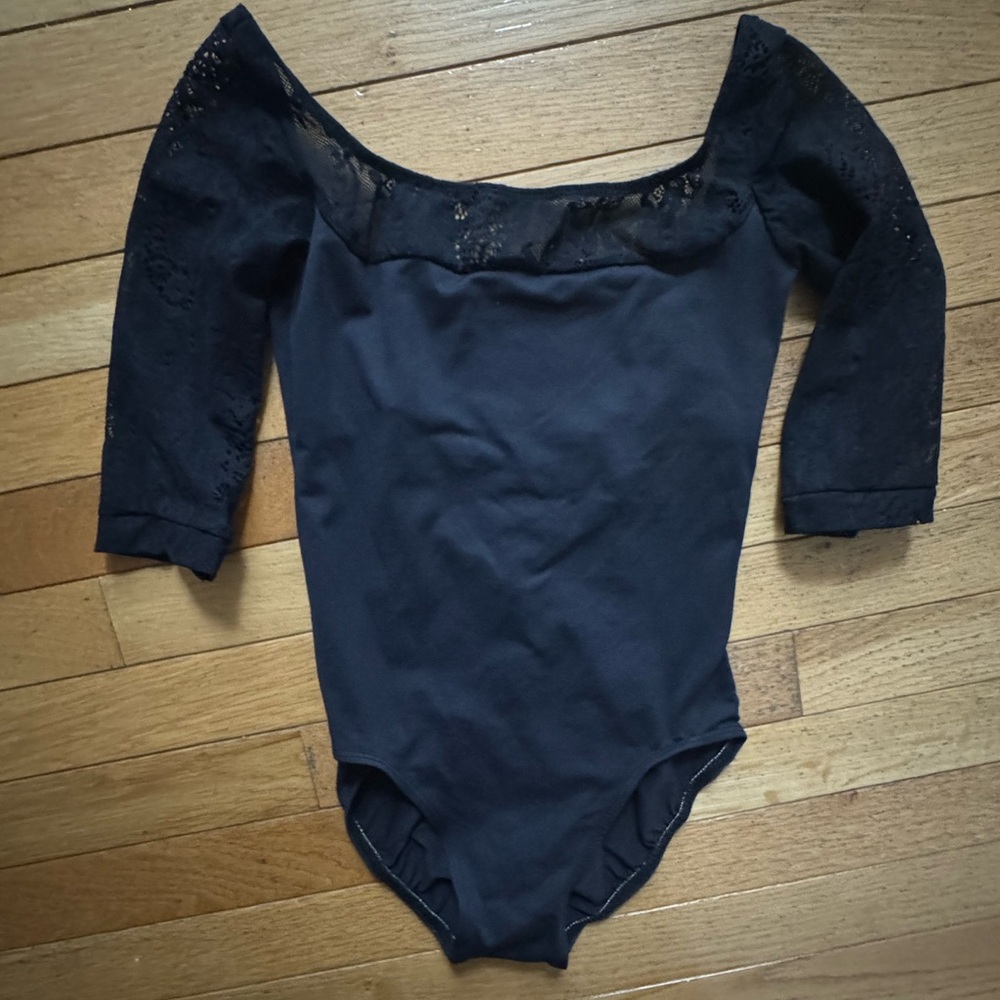 Black AINSLIE WEAR dance ballet leotard lace 3/4 sleeve woman’s petite